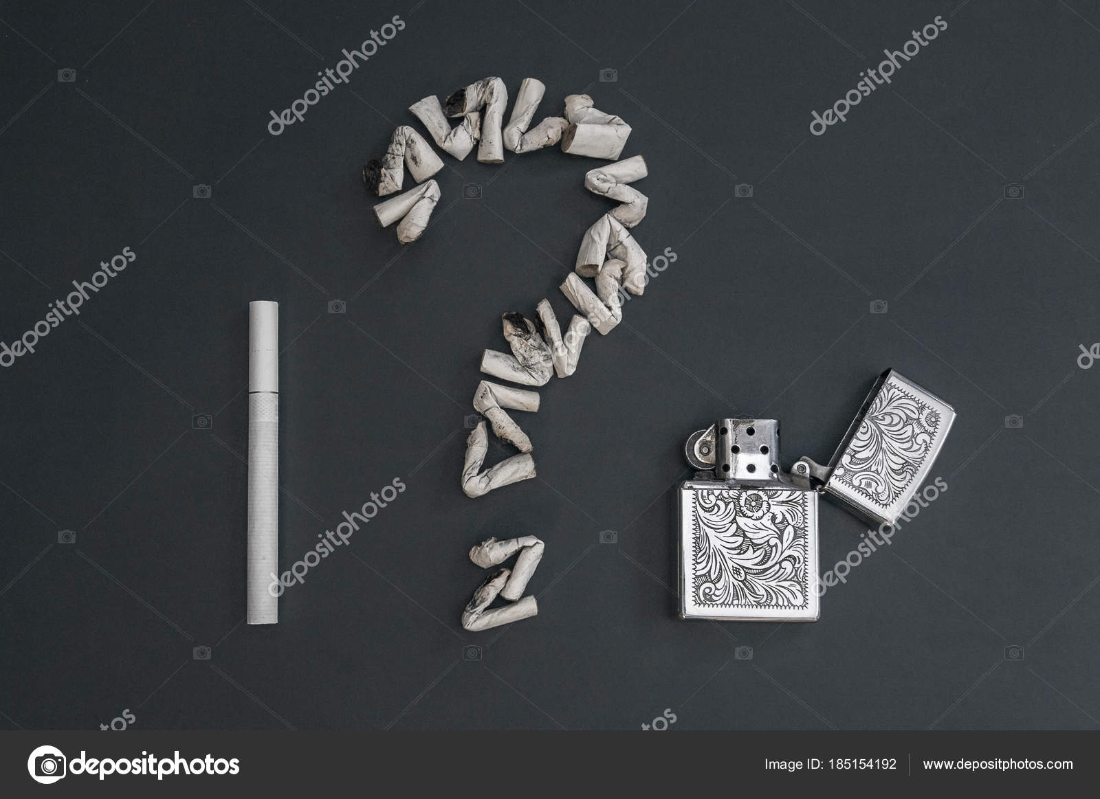 Spørsmålstegn ved sigarettsneiper, sigaretter og bensin – stockfoto ©  Alex-VN #185154192, image size:1600x1163