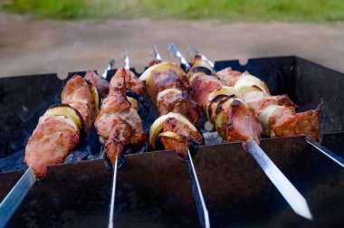 Açık havada metal şiş üzerinde ızgara şiş kebap. Piknik açık hava.