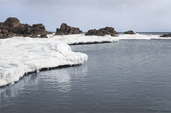 氷のような海岸が春を待っています。 — ストック写真