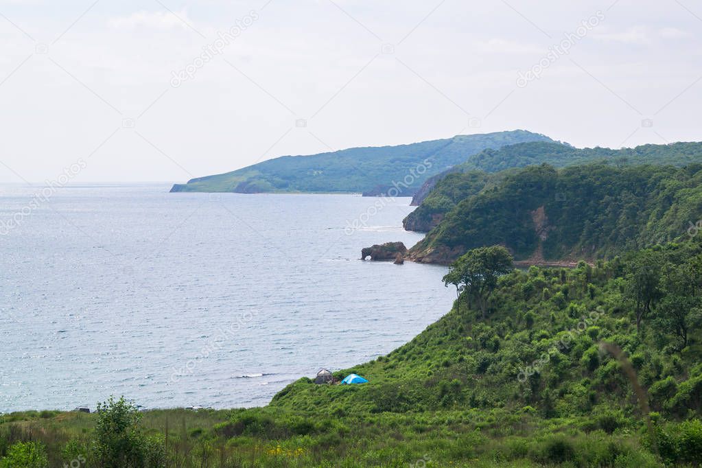 The Far Eastern landscape of the picturesque bay of Putyatin Island.