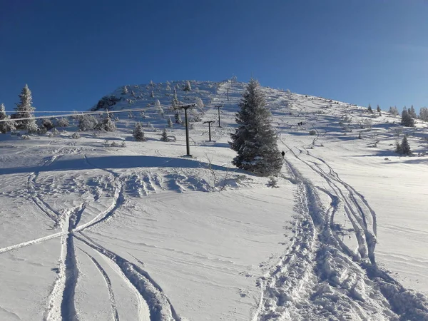 Schneeparadies Mit Wegweiser Touristen — Stock Photo, Image