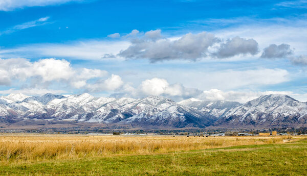 Snowy Mountains behind open Country