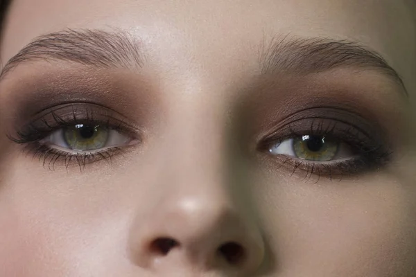 Elegancia primer plano de ojo femenino con maquillaje ahumado marrón oscuro clásico. Una foto macro de la cara de una mujer. Belleza, cosmética y maquillaje . — Foto de Stock