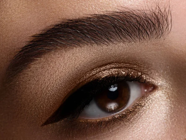 전형적 인 아이라이너 메이크업을 한 여성 눈의 아름다운 매크로 샷. 눈썹의 완벽 한 형태와 갈색 눈썹 과긴 속눈썹 이 있다. 화장품 과 화장이요. 패션 라이너의 안사 사진 클로즈업 매크로 샷 — 스톡 사진
