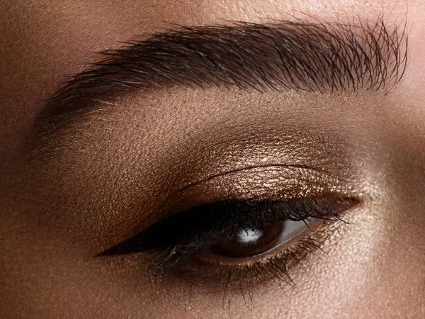 Belle macro shot de l'œil féminin avec maquillage eyeliner classique. Forme parfaite de sourcils, fards à paupières marron et longs cils. Cosmétiques et maquillage. Gros plan macro des yeux de doublure de mode visage — Photo