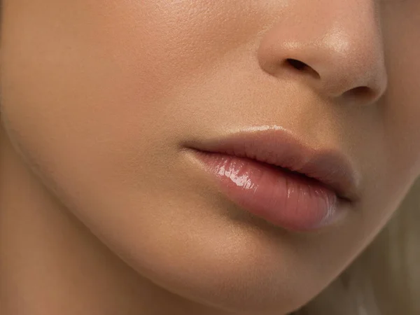 Sexual Full Lips Natural Gloss Lips Woman Skin Mouth Closed — Stock Photo, Image