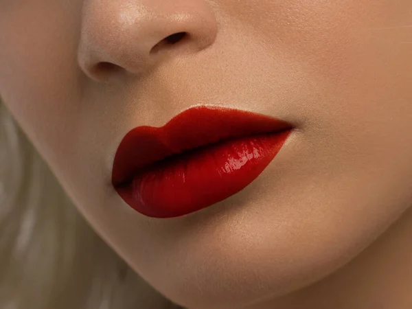 Sexual Full Lips Red Gloss Lips Woman Skin Mouth Closed — Stock Photo, Image