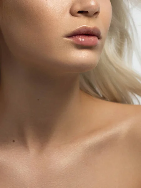 性感的嘴唇 嘴唇和女人皮肤的自然光泽 嘴是闭着的嘴唇 美容术的增加 粉色嘴唇和长长的脖子 洁白的肌肤 金发碧眼的金发 — 图库照片
