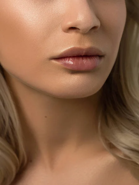 Closeup Plump Lips Lip Care Augmentation Fillers Macro Photo Face — Stock Photo, Image