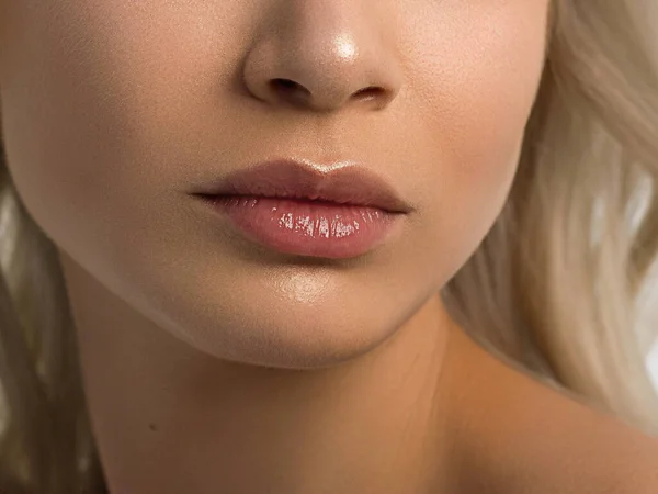 闭合丰满的嘴唇 Lip Care Augmentation Fillers 带有面部细节的宏观照片 外形自然 外形完美 特写完美自然唇妆容美丽的女性嘴 丰满性感的嘴唇 — 图库照片