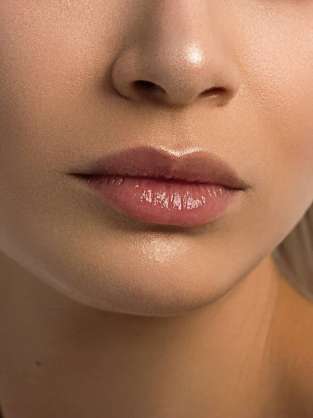 性感的嘴唇 嘴唇和女人皮肤的自然光泽 嘴是闭着的嘴唇 美容术的增加 粉色嘴唇和长长的脖子 洁白的肌肤 金发碧眼的金发 — 图库照片