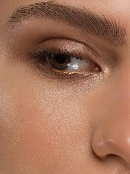 Elegance close-up female eye with dark brown eyeshadow. Macro shot of part of the face of a beautiful woman. Wellness, cosmetics and makeup. smooth beautiful eyebrows and eyelashes