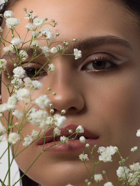 Güzel derisi, çıplak makyajı, göz kalemi, uzun kirpikleri, kabarık doğal dudakları ve beyaz çiçekleri olan bir yüz portresi. Moda fotoğrafçılığı. Kozmetik ve kaplıca. Baharın tazeliği