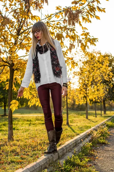 Meisje wandelen in het park in de herfst — Stockfoto