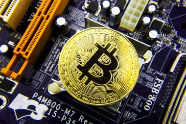 Anakart üzerinde Cryptocurrency Bitcoin. Altın sikke. Sanal para.