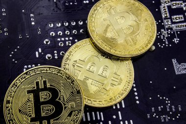 Anakart üzerinde Cryptocurrency Bitcoin. Altın sikke. Sanal para.