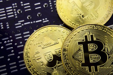 Anakart üzerinde Cryptocurrency Bitcoin. Altın sikke. Sanal para.