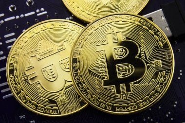 Anakart üzerinde Cryptocurrency Bitcoin. Altın sikke. Sanal para.