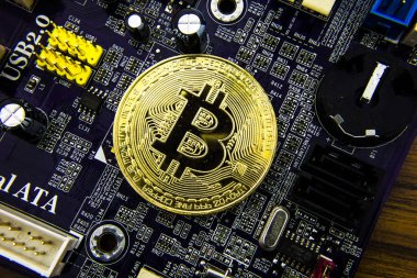 Anakart üzerinde Cryptocurrency Bitcoin. Altın sikke. Sanal para.