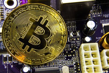 Anakart üzerinde Cryptocurrency Bitcoin. Altın sikke. Sanal para.
