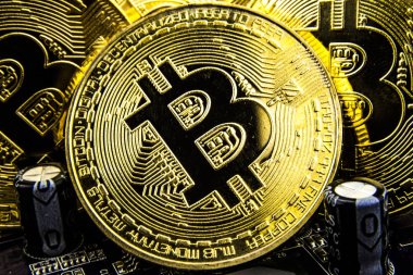 Anakart üzerinde Cryptocurrency Bitcoin. Altın sikke. Sanal para.