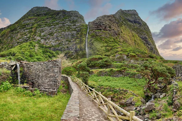 Caminho Para Cachoeira Poco Bacalhau Ilha Das Flores Dos Açores — Fotografia de Stock