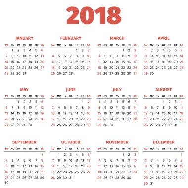 Basit 2018 yılı takvimi