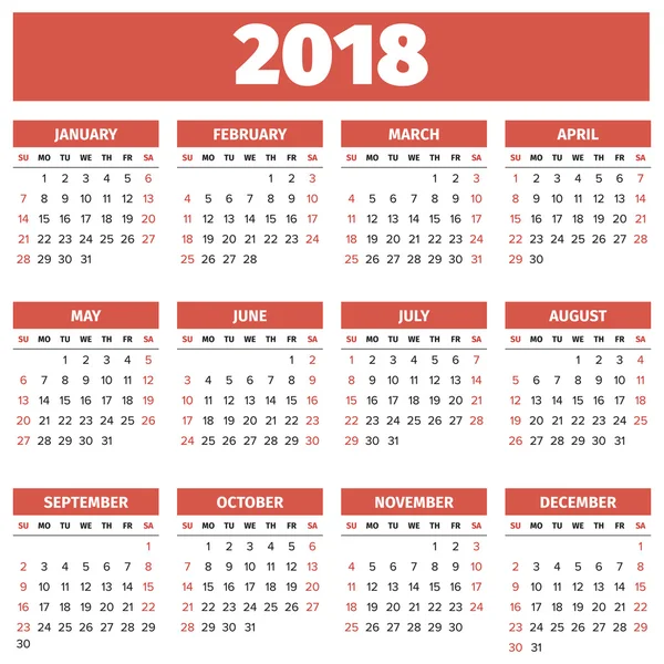 Calendário de ano simples 2018 — Vetor de Stock