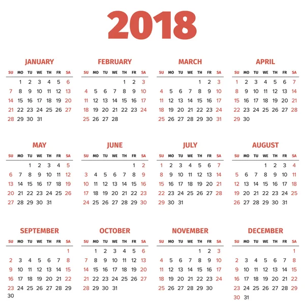 Calendário de ano simples 2018 — Vetor de Stock