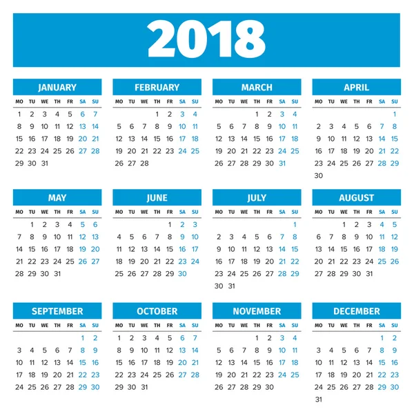 Calendário de ano simples 2018 — Vetor de Stock