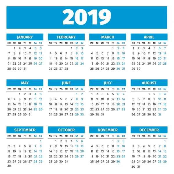 Rok kalendarzowy 2019 proste — Wektor stockowy