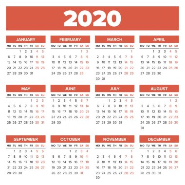 Basit 2020 yılı takvimi