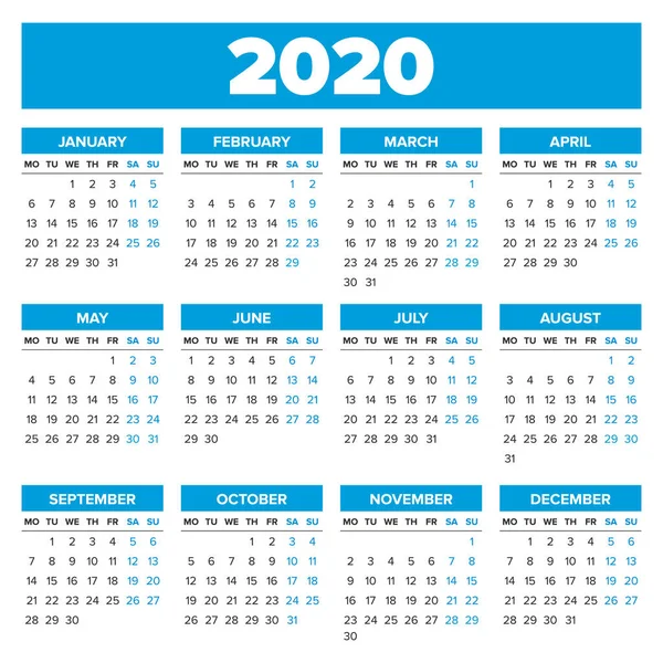 Basit 2020 yılı takvimi — Stok Vektör