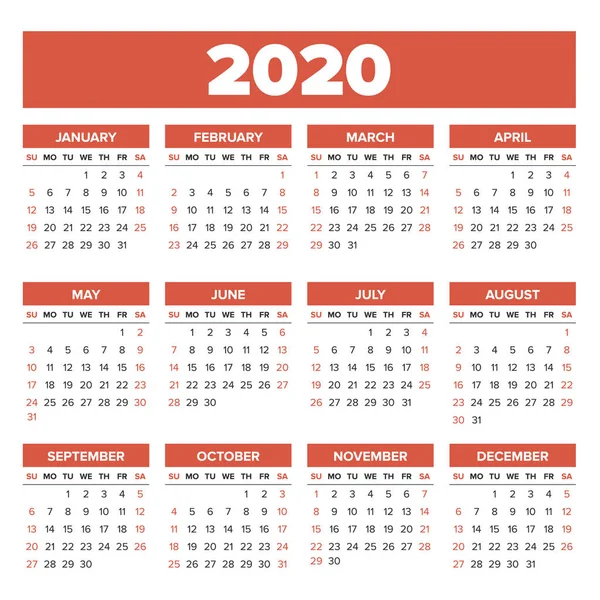 Calendarul simplu 2020 — Vector de stoc