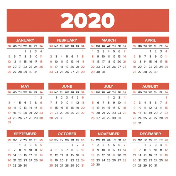 Simple 2020 year calendar — Stock Vector