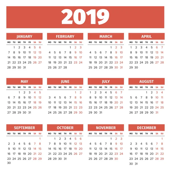 Modèle de calendrier 2019 — Image vectorielle