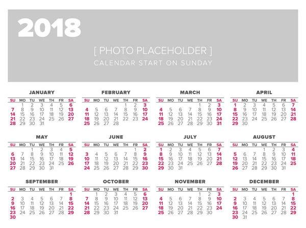 简单 2018 年日历 — 图库矢量图片