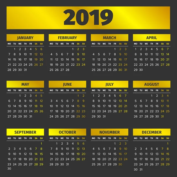 Szablon kalendarza 2019 — Wektor stockowy