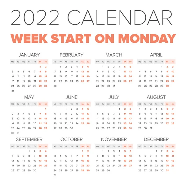 Calendario simple de 2022 años — Archivo Imágenes Vectoriales