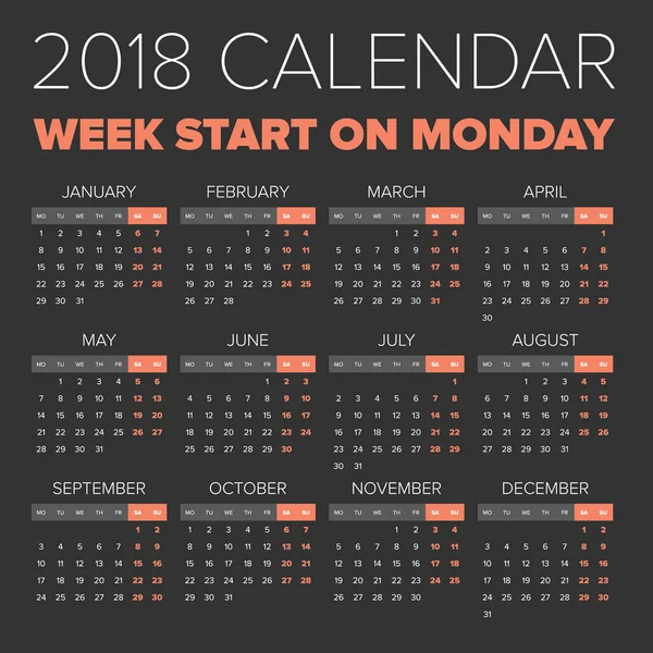 Kalendarz roku 2018 proste — Wektor stockowy