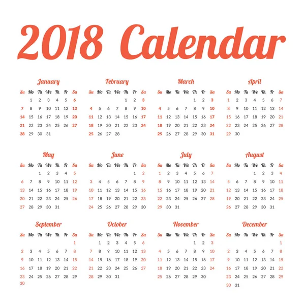 Calendário de ano simples 2018 — Vetor de Stock