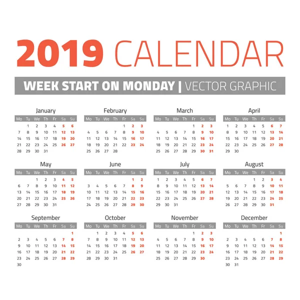 Modelo de calendário 2019 — Vetores de Stock © 123sasha ... Modelo de calendário 2019 — Vetores de Stock © 123sasha ...
