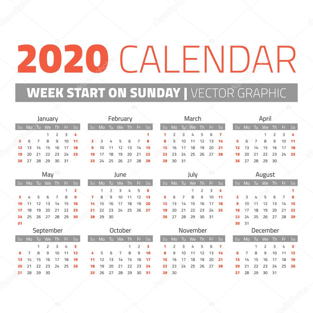 単純な 2020 年のカレンダー — ストックベクター © 123sasha 162255276