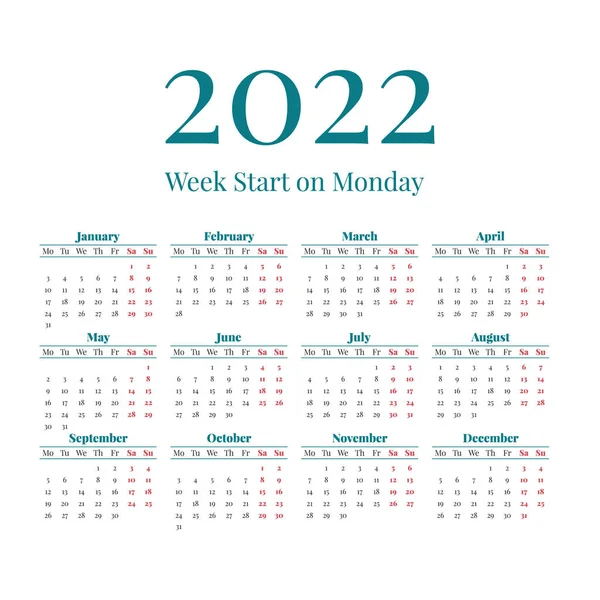 Calendario simple de 2022 años — Vector de stock