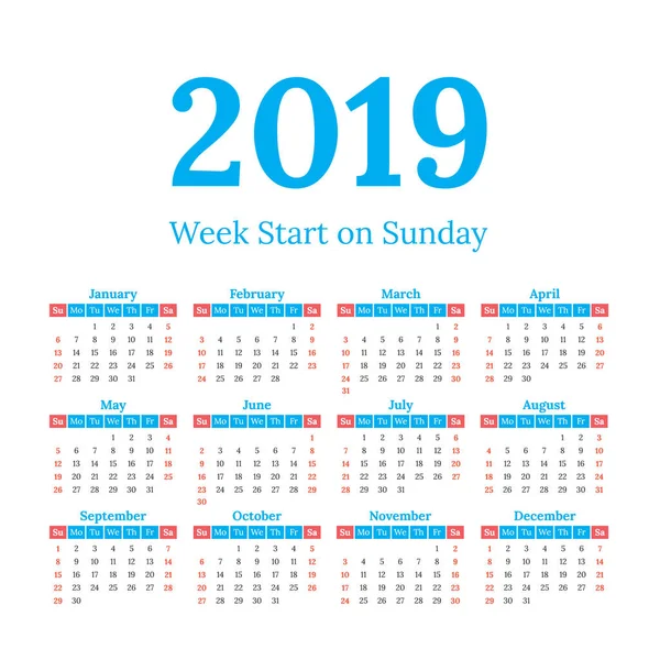Kalendarzowy 2019 uruchamia się w niedzielę — Wektor stockowy
