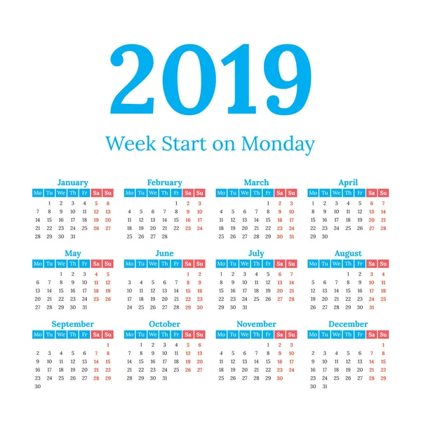 2019 kalendarz rozpoczyna się w poniedziałek — Wektor stockowy