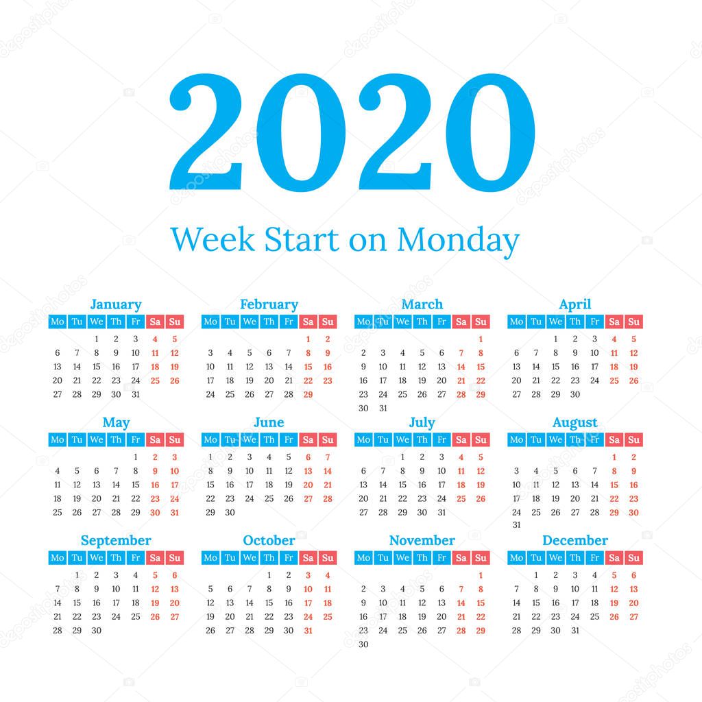 calendrier 2020 commencent lundi — Image vectorielle