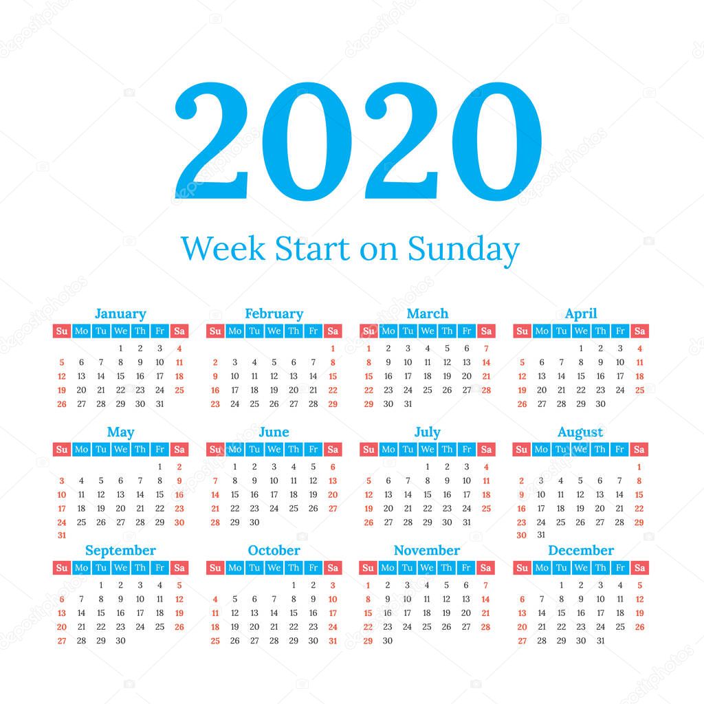 2020 Calendar Start On Sunday — Stock Vector © 123sasha 175795766