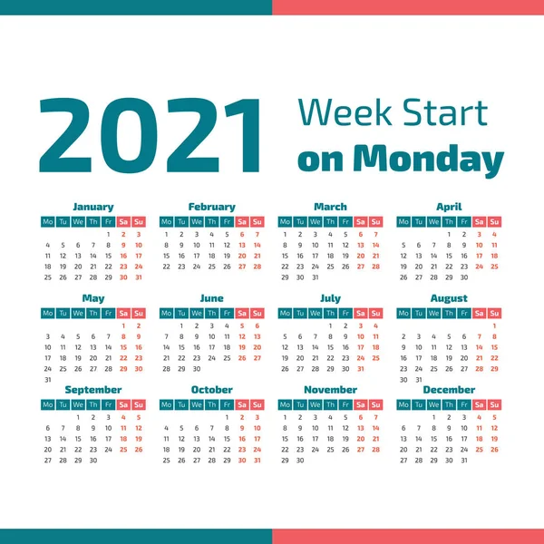 Calendario simple de 2021 años — Vector de stock