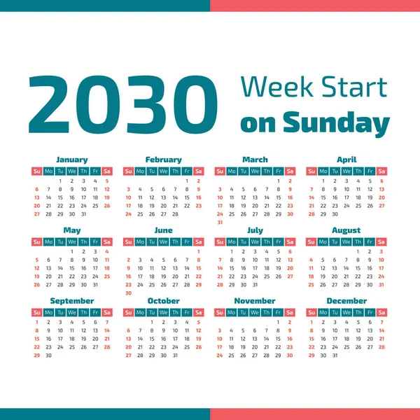 Simple 2030 year calendar — Stock Vector